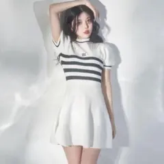 Darichボーダーニットフレアミニワンピース WHT