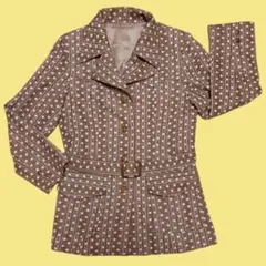 昭和レトロ 総柄ジャケット ベルト付き ブラウン×ホワイト ヴィンテージコート