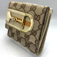 GUCCI グッチ ホースビット GGキャンバス二つ折り財布 ベージュ×ブラウン