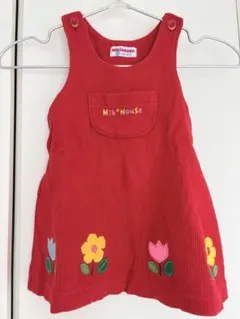 ミキハウス 90 コーデュロイ ワンピース 赤 花柄 ジャンパースカート 美品