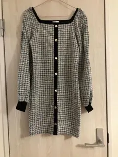 ハウンドトゥース柄 長袖ミニワンピース Mサイズ