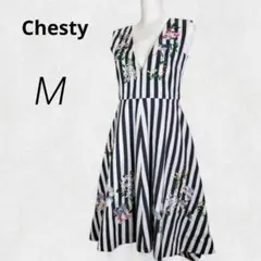 C2131【チェスティ】美品 ジャンパースカート M 白 紺 ストライプ 花刺繍