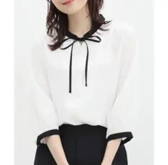 新品　Honeysハニーズトップス リボンブラウス 7分袖　ブラック×ホワイトM