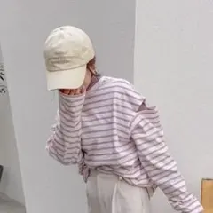 こ*ま様 GRL　ボーダー柄ショルダースリットルーズトップス　青みピンク　長袖