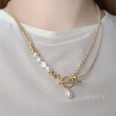 new【ゴールド】淡水パール　3連一粒パール2wayミックスチェーンネックレス