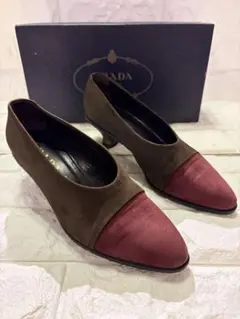 #PRADA スエード レザーパンプス バイカラーバーガンディ/ブラウン24cmのサムネイル