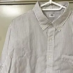 ユニクロ　メンズ　長袖シャツ　ストライプ　グレー　白　L