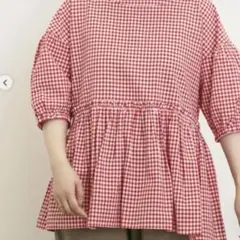 サマンサモスモス　ギンガムチェック　赤　五分袖　ブラウス