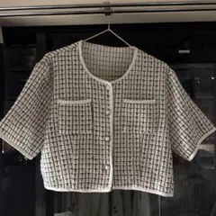 DAZY ツイード風 半袖 トップス ホワイト ブラック