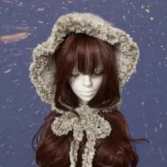 ファーつきバラクラバ（やわらかブラウン） 編み物　ハンドメイド　ボンネット