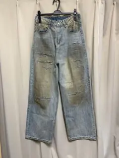 美品 ダメージ加工 ワイドデニムパンツ