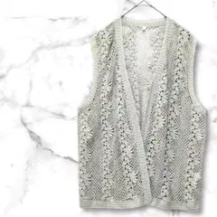 レース編み かぎ針編み ノースリーブ 花柄 カーディガン 【LL】 モスグリーン