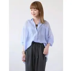 美品 アメリカンホリック シアーCOOLWポケットシャツ M ストライプ水色