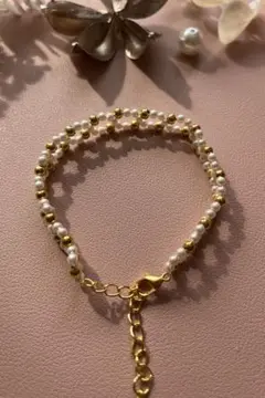 パール×ゴールドビーズブレスレット 上品 大人可愛い ハンドメイド