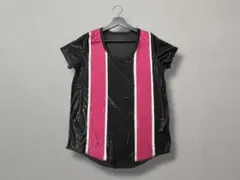 00s Y2K【ストレッチ 光沢Tシャツ】ジャージ素材 ブラック×ピンク
