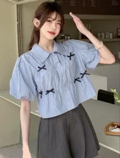 SHEIN ストライプ柄パフスリーブシャツ