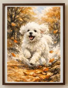【水彩画アート】秋の木漏れ日の中を駆ける白い犬 2L版写真用紙