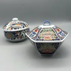 錦松梅有田焼蓋付き六角&丸小鉢2点セット染錦金彩花文佃煮煮物椀菓子鉢小物入れのサムネイル