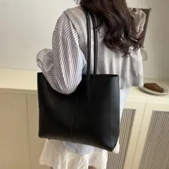 トートバッグA4 通勤 通学 就活シンプルポーチ付き フェイクレザー ブラック