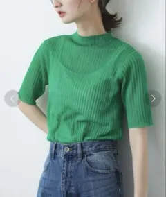 リブハイネックシアーセーター(5分袖) センスオブプレイス　グリーン