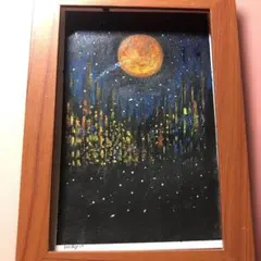 街の明かりと雪の中の満月　水彩画　絵手紙　原画　ハガキサイズ