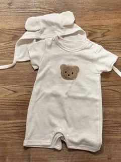 クマ刺繍付きリブ編みロンパース　70cm