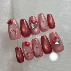 現品ネイルチップ　マグネットネイル　リボン　きらきら　ハートホロ　韓国　ワンホン