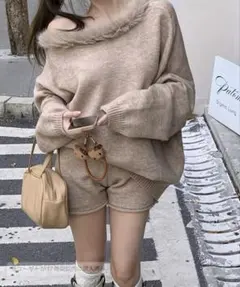 ファー付き オフショルダー ニット セットアップ