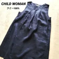 CHILD WOMAN　ラミー100%リネンワンピース　ノースリーブ　光沢　紺のサムネイル