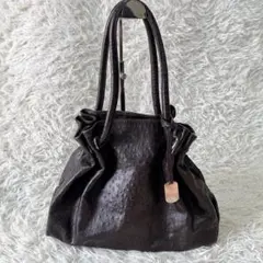 美品 FURLA フルラ 本革 オーストリッチ型押し ハンドバッグ 高級感 巾着