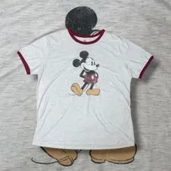 レア 00s Disney ミッキーマウス リンガーtシャツ y2k 短丈 XL
