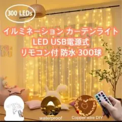 イルミネーションカーテンライト LED USB電源式 リモコン付 防水3m×3m
