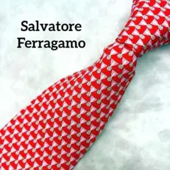 【未使用】フェラガモ シルクネクタイ 幾何学&花柄 総柄 レッド ピンク