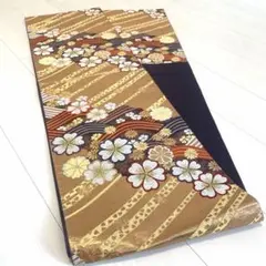 ゴールド　金糸　濃紺　袋帯 正絹 花柄 帯 成人式 結婚式