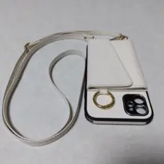 ホワイトレザーショルダーストラップケース　iPhone11