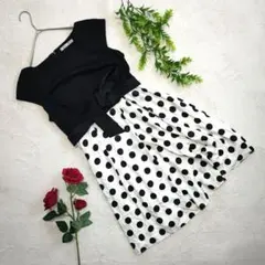 【ef-de】エフデ M 黒と白のドット柄ノースリーブワンピース 透け感 フリル