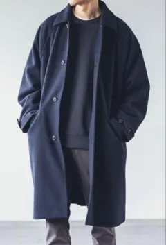 ウーリーテックBIGステンカラー 厚手 コート ロング丈（膝）ネイビー ゆったり