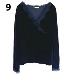 5200【美品】ベルベットカットソー　vネックレースカラー　長袖　ストレッチ秋冬