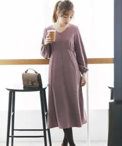 後ろレースアップデザインくるみ飾り釦付きカットコーデュロイワンピース