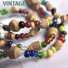 レア美品【カラフルなガラス玉＆木製ビーズ】ヴィンテージネックレス 躍動感 ロング