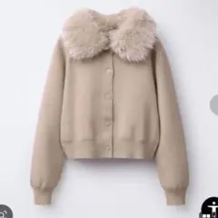 ZARAベージュ ニットカーディガン ファー襟付き 取り外し可能