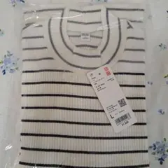 UNIQLO リブハイネックボーダーT 長袖 オフホワイト Lのサムネイル