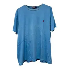 90s Poloラルフローレン 水色Tシャツ L 刺繍ロゴ フェード