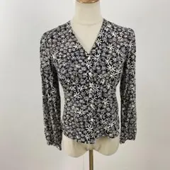 美品 UNIQLO ユニクロ プリントVネックブラウス シャツ 花柄 長袖 M