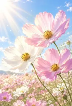 秋の風景　コスモス　コスモス畑　デジタルアート　花畑　お花　絵はがき　C229