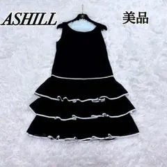 美品✨アシール ノースリーブ フリル付き ひざ丈 ティアード ワンピース 黒白のサムネイル