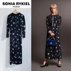 19万 SONIA RYKIEL リップくちびる プリント ワンピース 黒 36のサムネイル