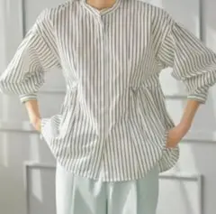 OPAQUE.CLIP ペプラムシャツ　ブラウス ストライプ柄　白　Lサイズ