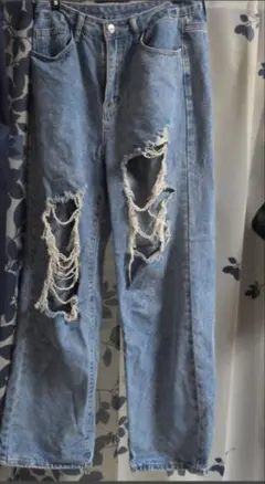 ダメージ加工 ワイドデニムパンツ ライトブルー