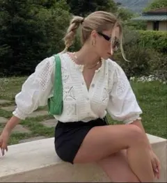 ZARA ニットブラウス　クロシェ編み カーディガン